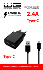 Síťová nabíječka DUAL USB (2.4A) + datový kabel Type-C, černá