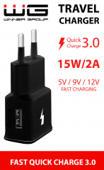 Síťová nabíječka QC 3.0 Fast Charging USB (15W/2.0A), černá