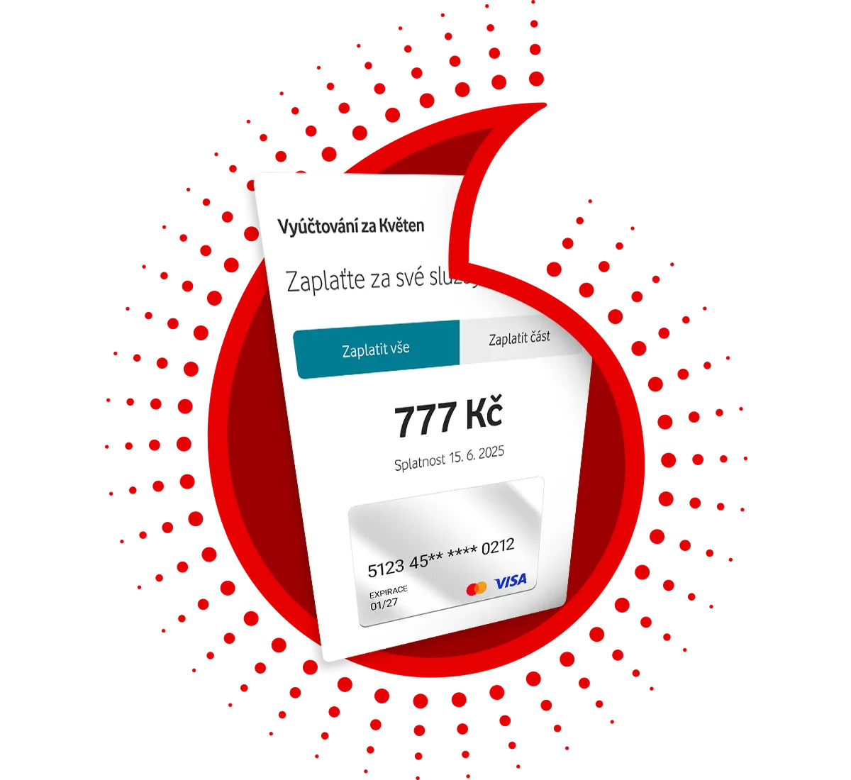 Obrazovka aplikace s vyúčtováním za květen od Vodafone s částkou 777 Kč a grafickým znázorněním plateb za jednotlivé měsíce v roce.