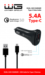 Autonabíječka 2xUSB Qualcomm (5.4A) + datový kabel Type C, černá