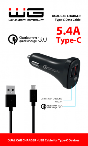 Autonabíječka 2xUSB Qualcomm (5.4A) + datový kabel Type C