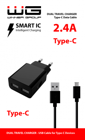 Síťová nabíječka DUAL USB (2.4A) + datový kabel Type-C