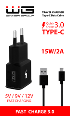 Síťová nabíječka Fast Charging USB (2.0A) + kabel Type C, černá