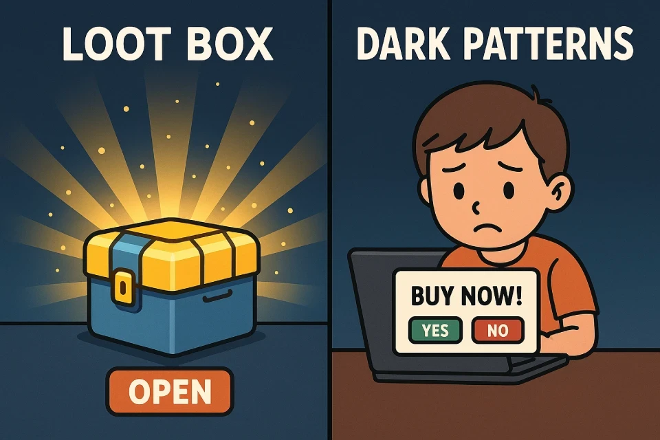 Ilustrace chlapce zklamaného z podvodu Loot box a Dark Pattern