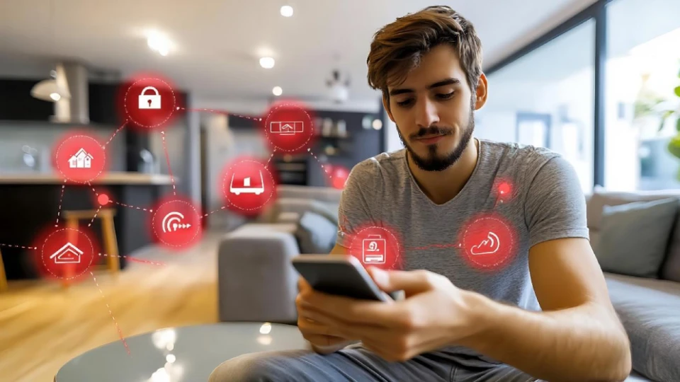 Muž sedí na pohovce v moderním bytěm v rukou drží mobilní telefon, ve vzduchu se vznáší ikonky zabezpečovacích aplikací