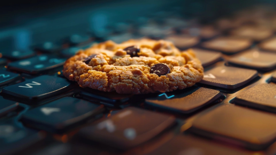Detailní pohled na sušenku (cookie) ležící na počítačové klávesnici
