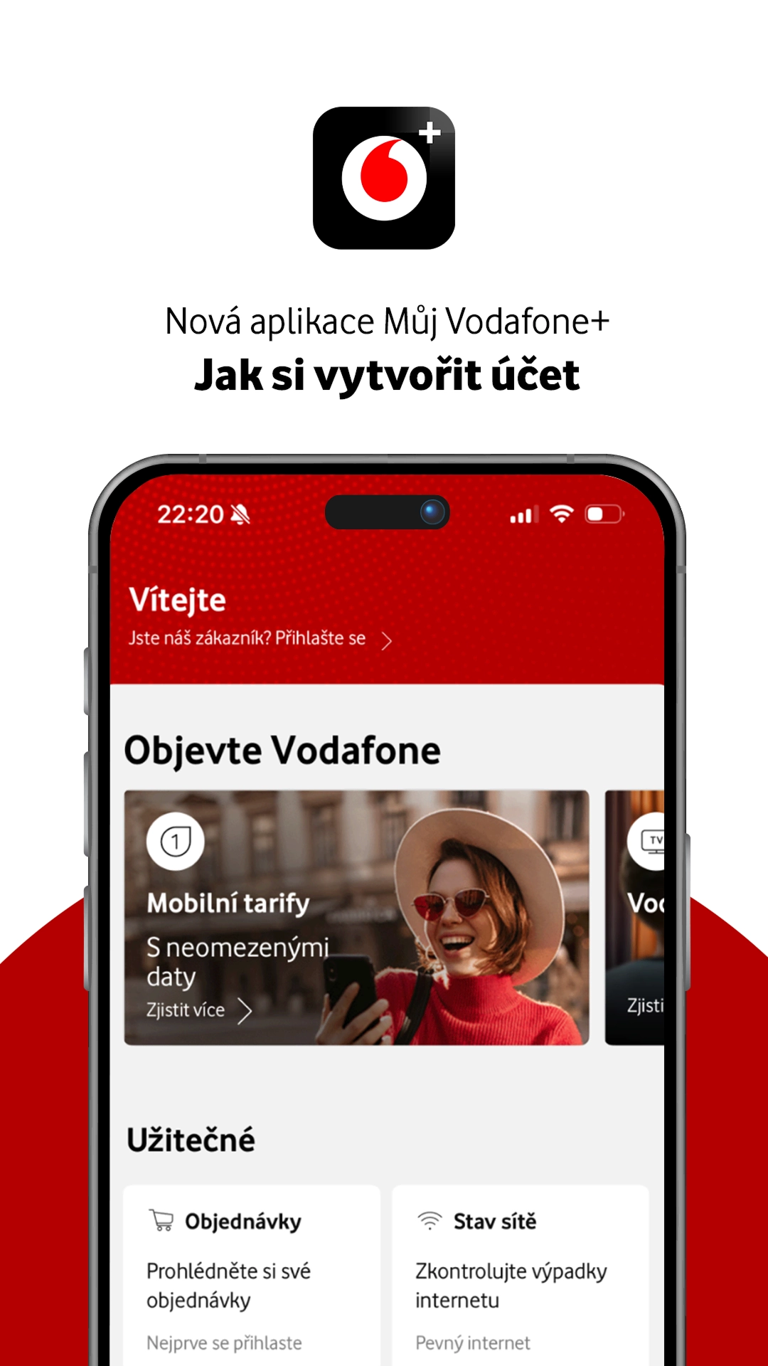 Telefon s novou aplikací Můj Vodafone+ zobrazující návod, jak vytvořit účet.