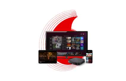 obrázek různích zařízení jako telefon, tablet, TV. a set-top box s červeným logem Vodafone na pozadí