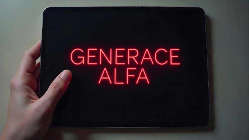 Detail na ruku držící tablet s černou obrazovkou, na které svítí nápis Generace Alfa 