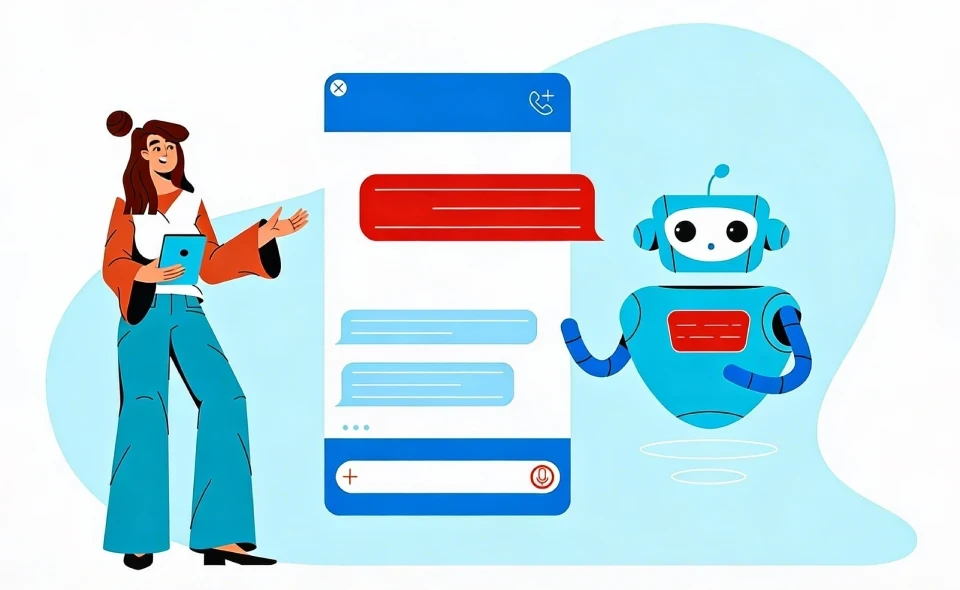 Ilustrace dívky chatující s robotem s detailem obrazovky mobilu uprostřed