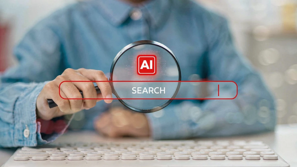 Detail na mužskou ruku s lupou nad klávesnicí, v popředí obrázku nápis AI Search