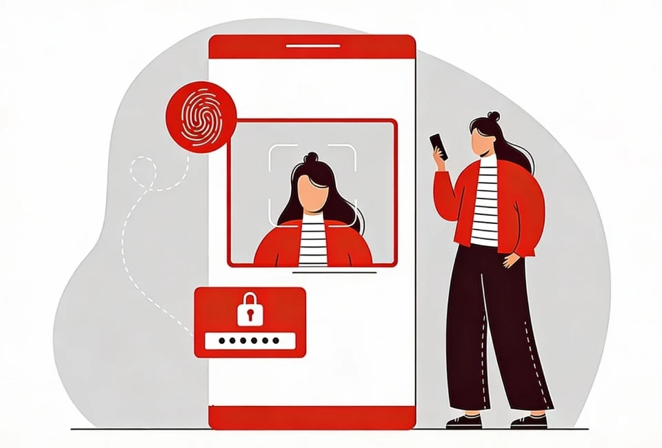 Ilustrace dívky s mobilem v ruce, vedle detail obrazovky telefonu s přihlášením pomocí otisku prstu nebo scanu obličeje