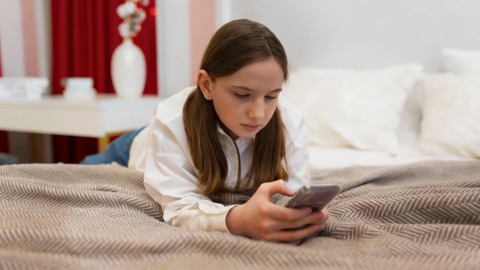 Čelní pohled na dospívající dívku ležící na posteli s mobilním telefonem v rukou