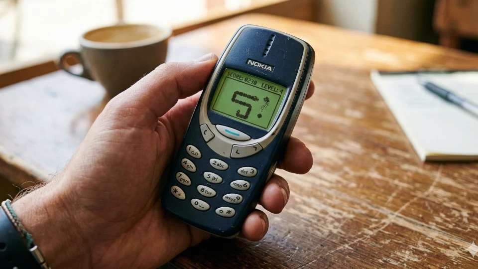 Detailní pohled přes rameno na ruku držící tlačítkový telefon Nokia s hrou Snake na displeji