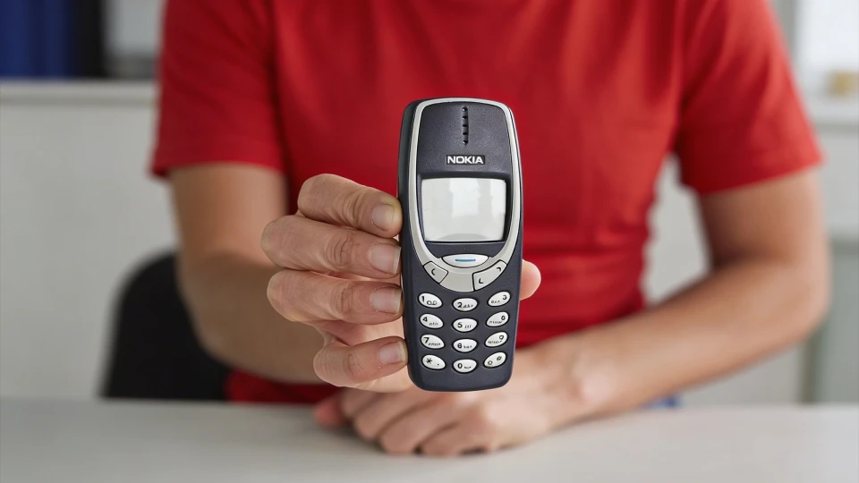 Přední polodetailní pohled na osobu sedící u stolu a ukazující talčírkový telefon do objektivu 