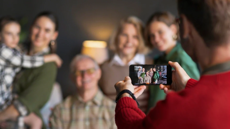 Pohled přes rameno muže zaostřený na displej telefonu, v pozadí rodinná skupinka pózující pro fotografii, kterou muž telefonem pořizuje