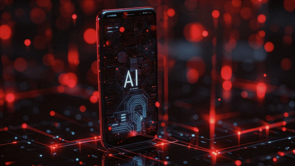 Futuristicky ztvárněný pohled na mobilní telefon s nápisem AI na displeji