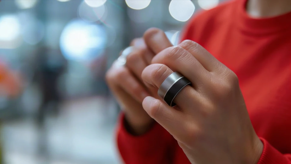 Detailní pohled na sepnuté dámské ruce, na prsteníčku levé ruky se nacházejí 2 chytré prsteny v černém a stříbrném provedení