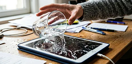 Osoba omylem rozlévá nápoj na tablet položený na stole.