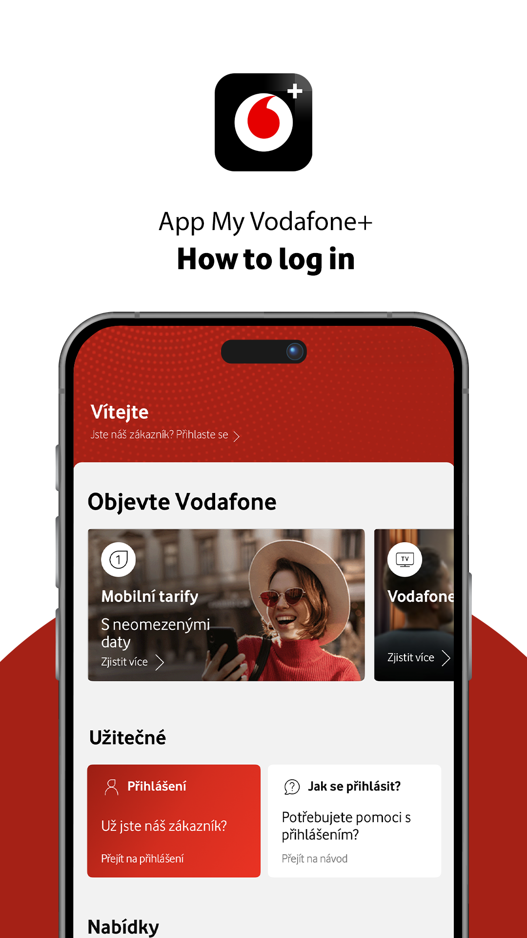Phone with the new My Vodafone+ app showing instructions on how to log in.