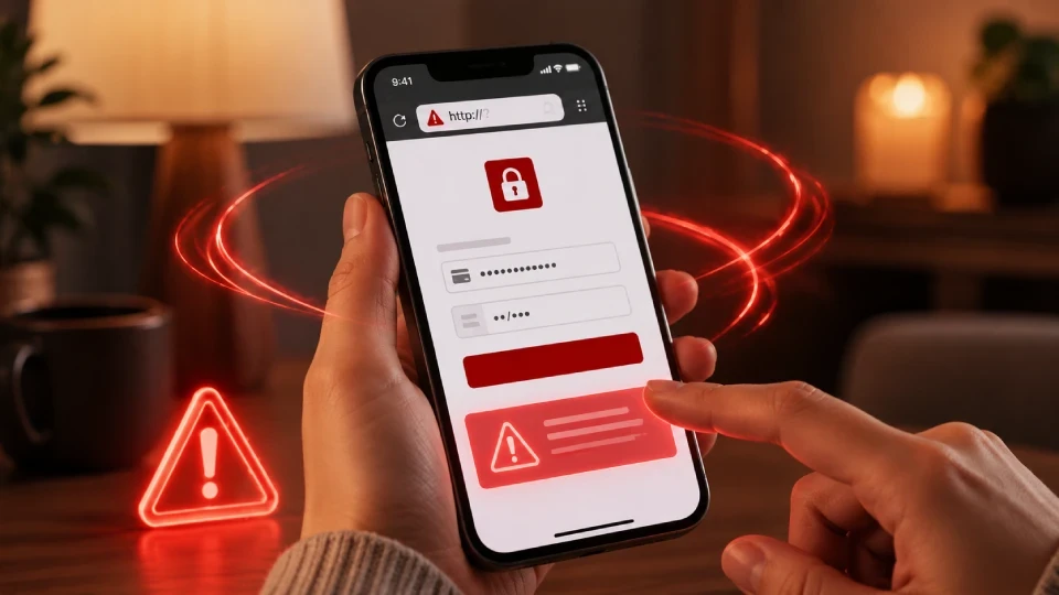 Detail rukou držících mobilní telefon s otevřenou přihlašovací obrazovkou (generováno AI)
