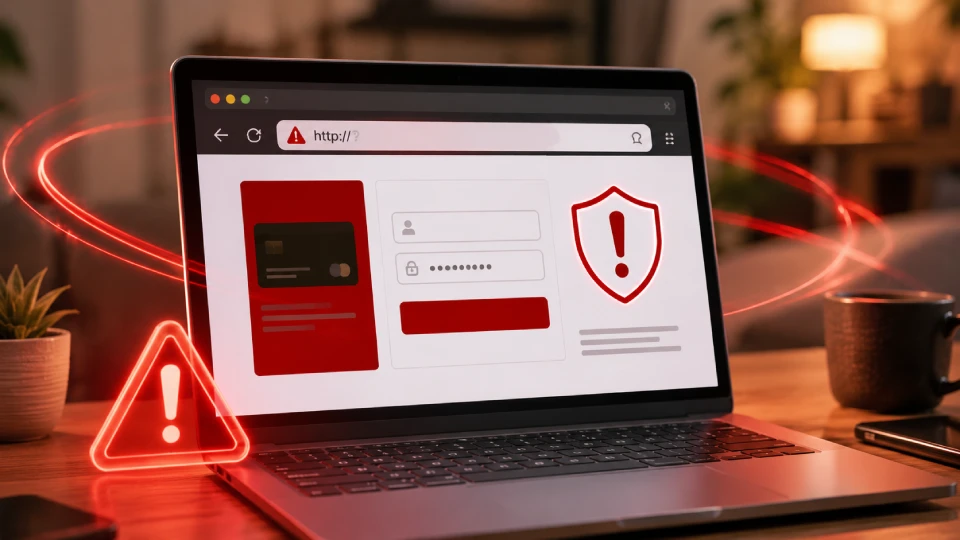 Detailní pohled na pracovní stůl s notebookem, na obrazovce svítí přihlašovací brána (generováno AI)
